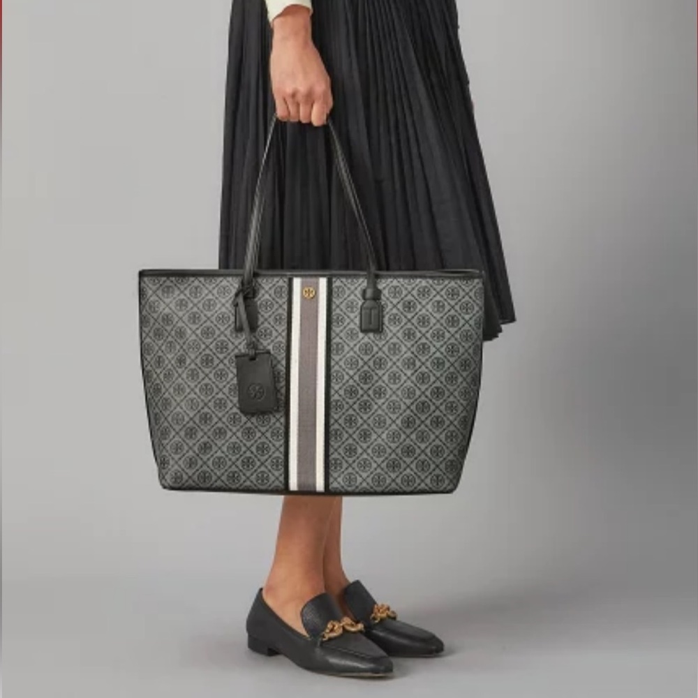 Tory Burch Black Coated Canvas T Monogram Large Tote - Picture 1 of 6